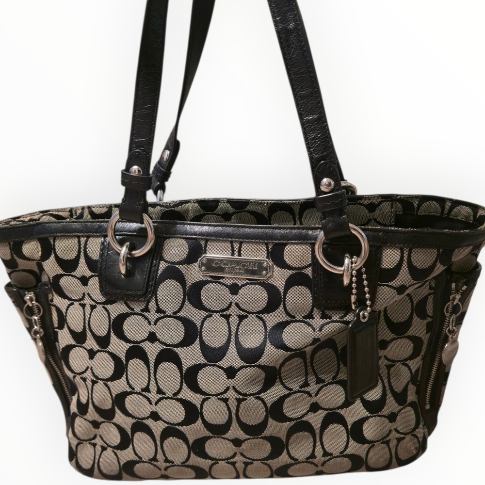 Vintage Coach Signature Gallery Tote Black Grey Jacquard Canvas Shoulder Purse